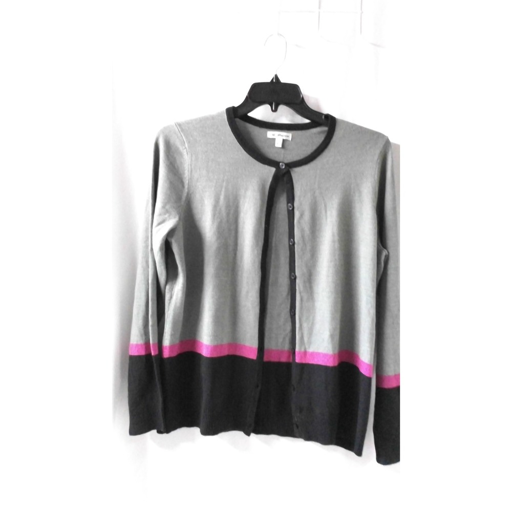 Croft and Barrow Women's Large Button Up Cardigan Sweater Grey/Black/Fushia